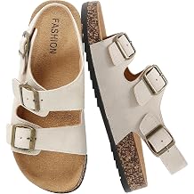 Sandals Slides for Women Men, Cork Sandals Footbed with Back Adjustable Double Buckle, Flat Beach Sandals Dressy Open Toe Mules Casual, Non Slip Summer Shoes Clogs Arch Support Vacation Footwear