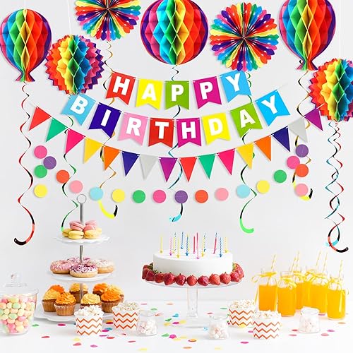 Miniatura 6 de Anwyll Kit de decoración de fiesta de cumpleaños arcoíris para niños, niñas, niños, juego colorido con pancarta de feliz cumpleaños, suministros