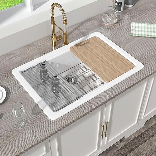Miniatura 1 de Fregadero de cocina blanco con estación de trabajo de 33 x 22 pulgadas, fregadero de cocina de montaje superior y empotrado, fregadero de cocina de