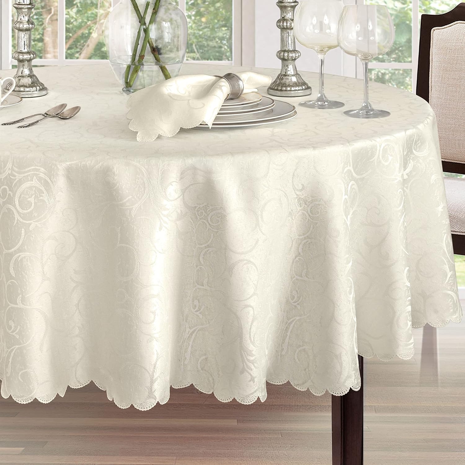 Newbridge Portofino Scalloped Damask Fabric Tablecloth, 60 x 84 Inch Oval, Ivory, Wrinkle and Stain Resistant Fine Dining Holiday Party Table Cover