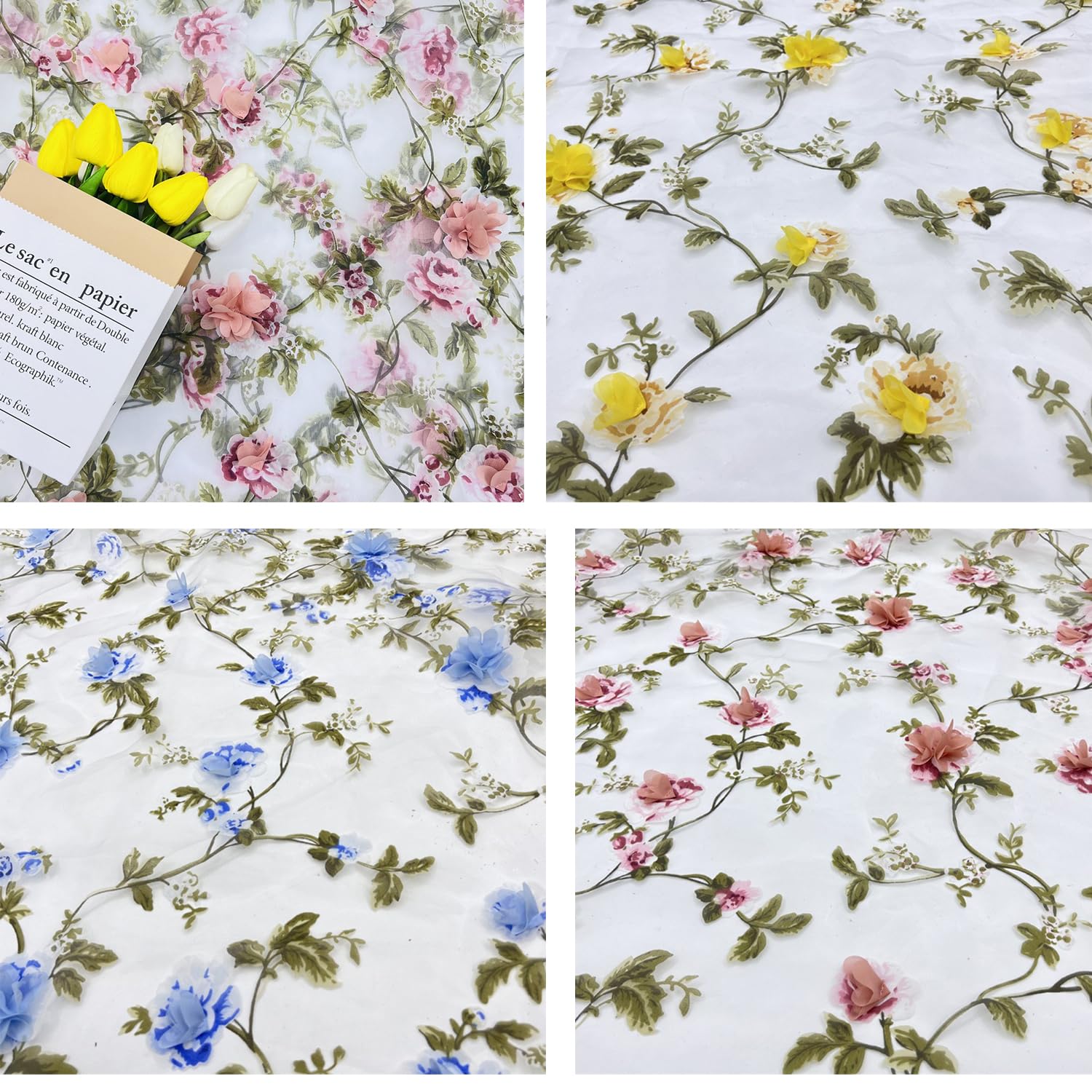 4 jardy x 130 cm, organza z haftem 3D, materiał organzy z nadrukowanymi gałązkami drzew i kwiatami, materiał dekoracyjny do majsterkowania, rzemiosła, na wesele, imprezę, do ubrań, kolor