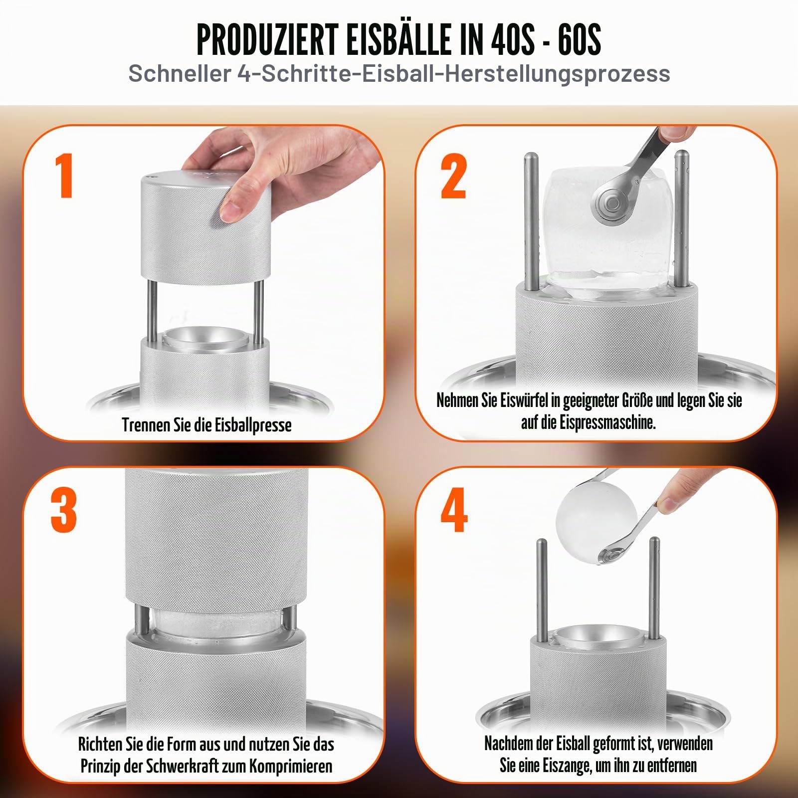 VEVOR Ice Ball Maker Eiskugelpresse Satz 60 mm, Eiswürfelform Eiskugelform mit Eiszange & Tropfschale, Alu Strapazierfähige Eiswürfelformen Eiswürfelbehälter Whisky Americano, Saft & Milch Silber