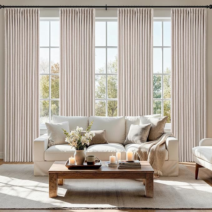 MIULEE Pinch Pleated Thick Linen Curtains 90 Inch 4 Panels Set Back Tab Memory Trained Pinch Pleat Semi Sheer Light Filtering Curtains Let Light in Window Drapes for Living Room Bedroom Beige White