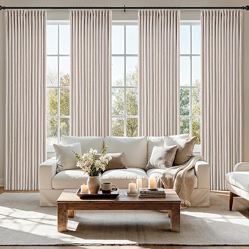 MIULEE Pinch Pleated Thick Linen Curtains 90 Inches Long 4 Panels Set - Back Tab, Pinch Pleat Semi Sheer Light Filtering Privacy Curtains Let Light in Window Drapes for Living Room Bedroom, Natural