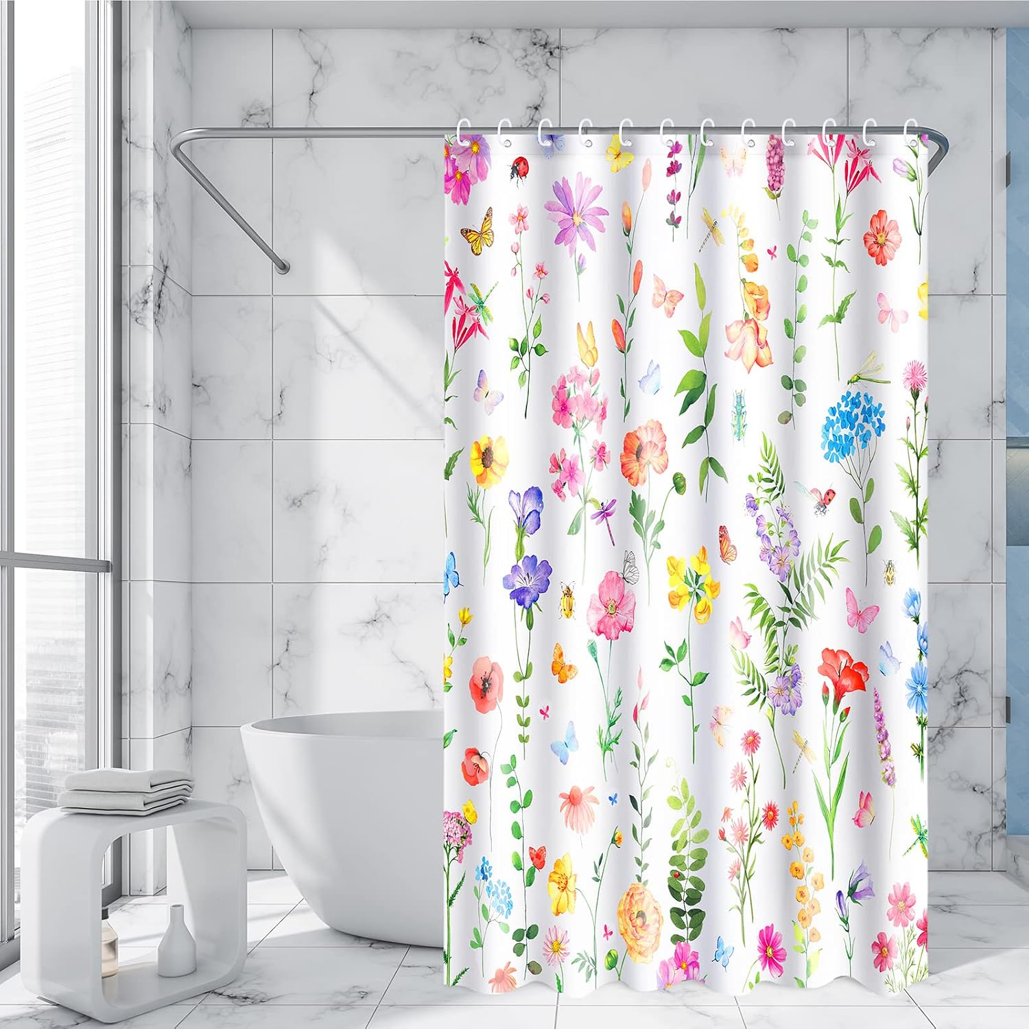 Preboun Spring Flower Shower Curtains for Bathroom Floral Plant Shower Curtain with 12 Hooks Watercolor Polyester Fabric Shower Curtain for Home Bathroom, Machine Washable, 72 x 72 Inch
