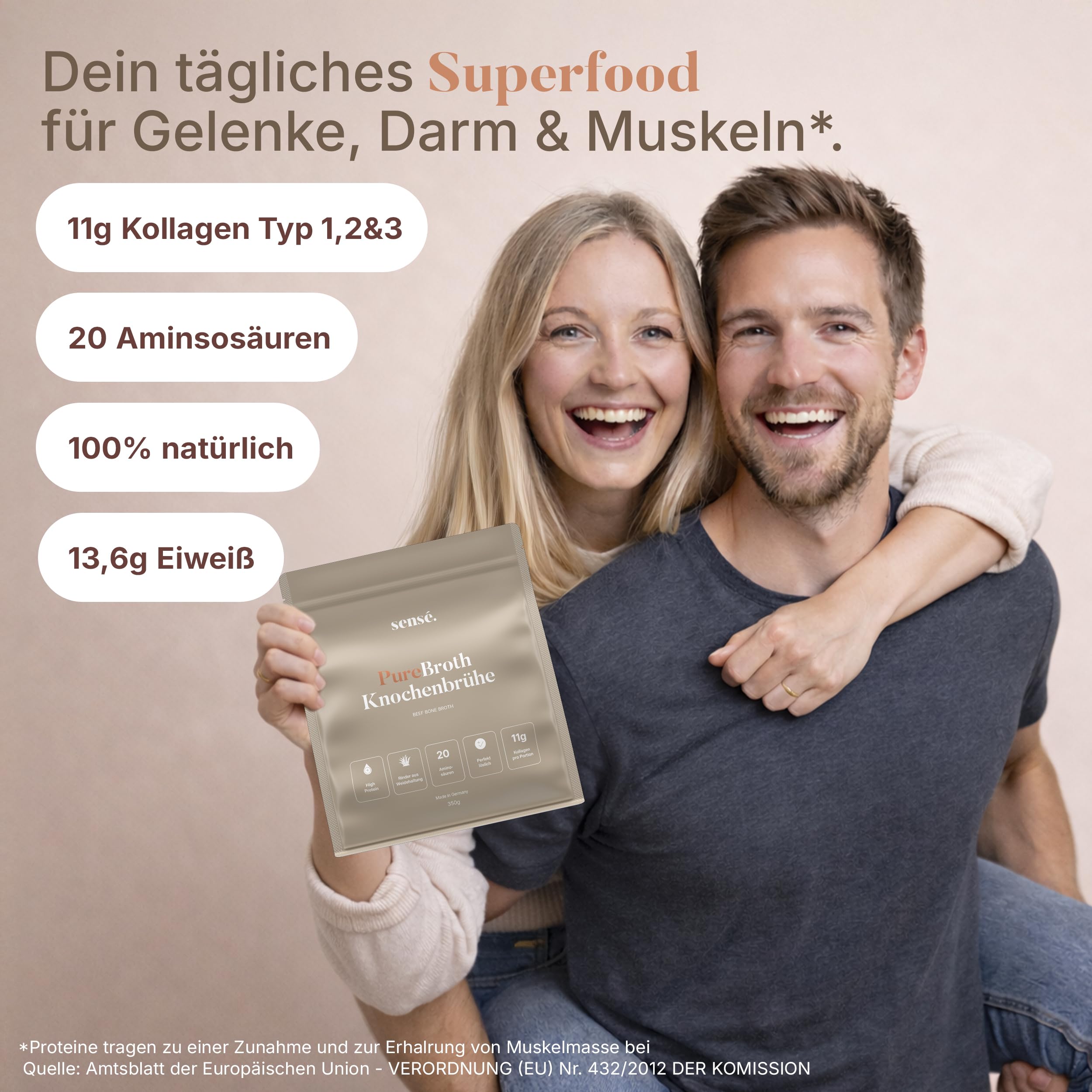 sensé. Knochenbrühe Pulver vom Weiderind, aus Deutschland, Bioaktiv, 350g – Kollagen Typ 1,2 & 3 | Für Gelenke, Darm und Haut | hoher Proteingehalt | Leaky Gut, Keto | Bone Broth