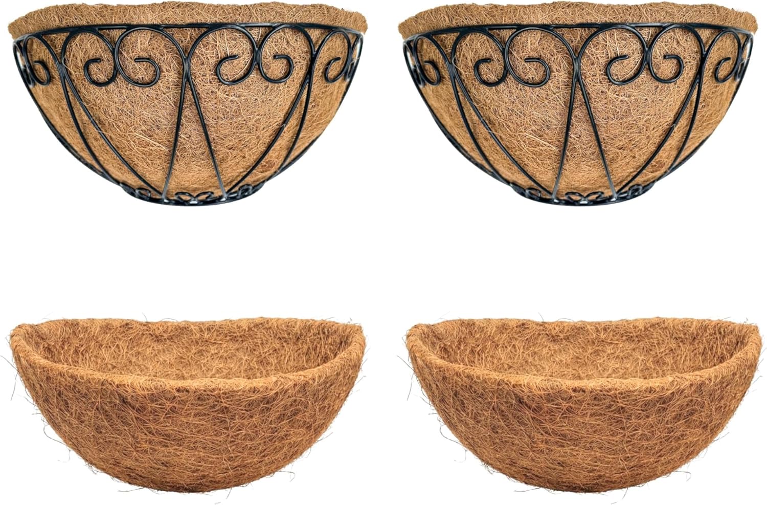 LaLaGreen Bundle- 2 Pack,14 Inch Metal Basket with Coco Liner + 2 Pack, 14 Inch Half Round Coco Liner Insert Replacement Semi-Circle Flower Plant Pot Fence Rail Deck Porch Balcony French Decor Outdoor