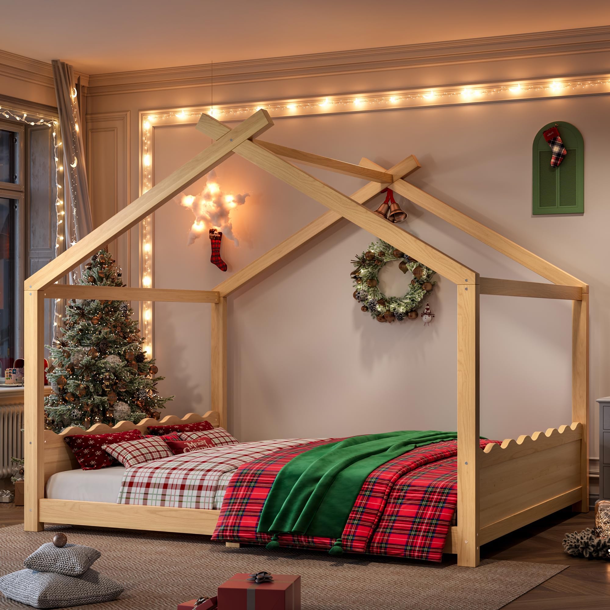 Bellemave Queen Size House Bed Frame for Kids,Solid Wood Montessori Floor Bed Frame with Support Slats and Roof for Girls,Boys,Natural