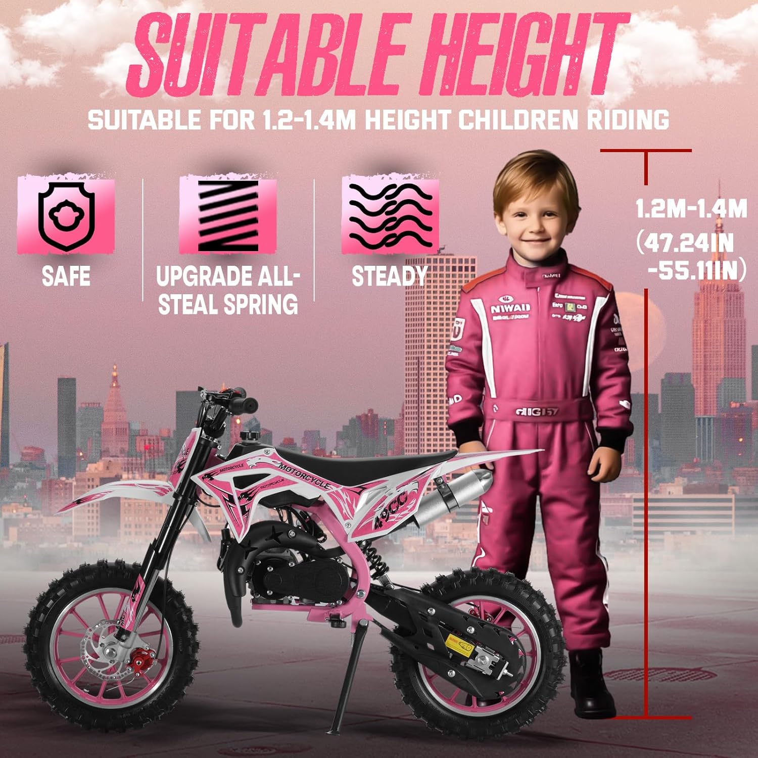 New 50cc Kids Dirt Bike 2 Stroke - Toddler Gas Powered Dirt Bike, Speeds up to 40MPH, Mini Motorcycle with Front Rear Disc Brakes, Mini Dirtbike for Kids, Ideal Gifes for Children (Pink)