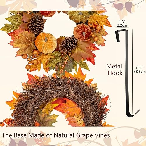Miniatura 3 de Decoración de otoño de 20 pulgadas, coronas de otoño para puerta delantera, gran valvet, corona de calabaza con gancho de metal, hojas de arce