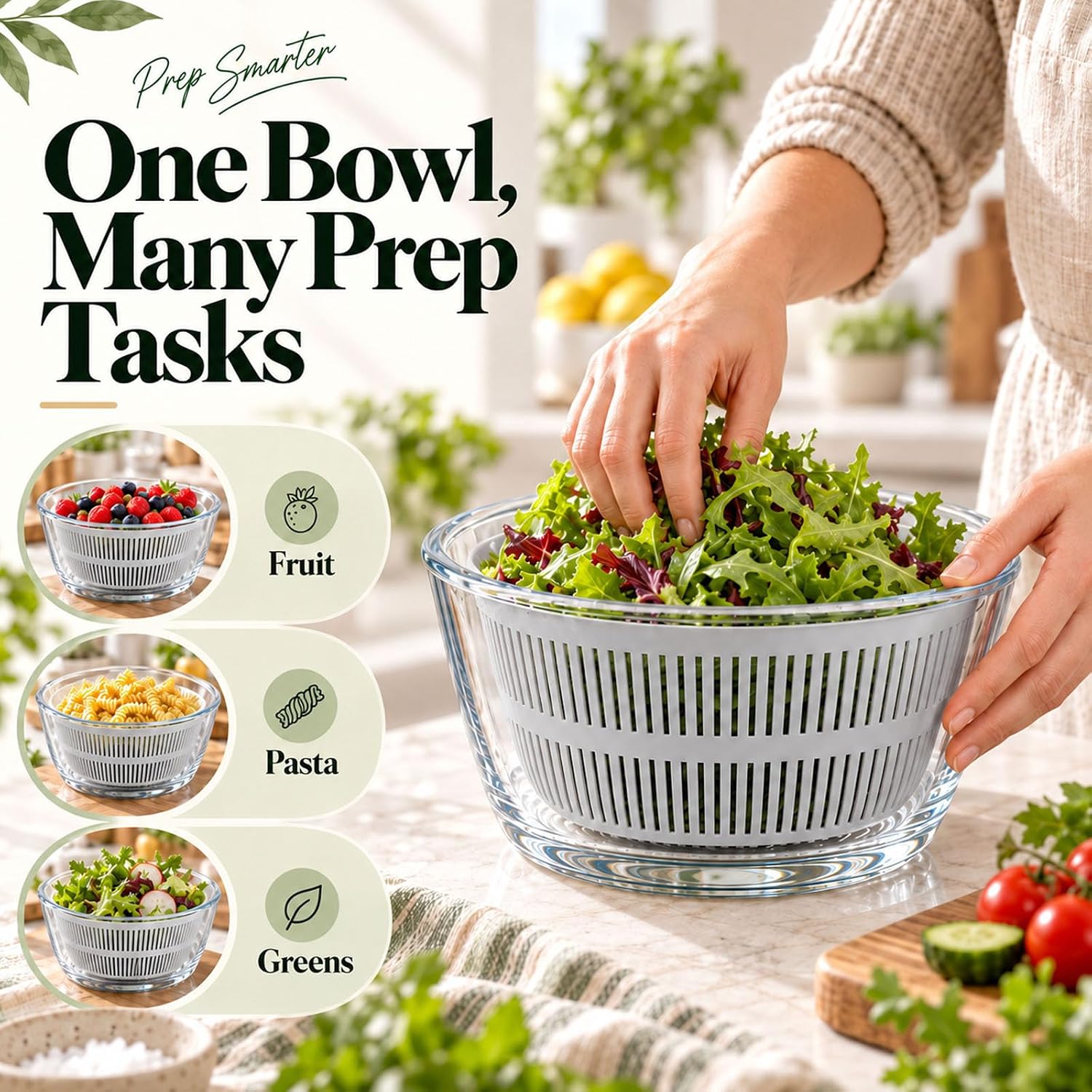 3.2 Qt Glass Salad Spinner with Storage Lid Gray