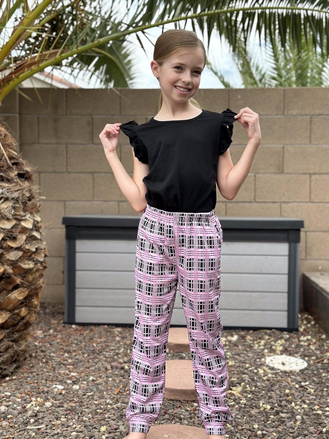 Arshiner Girls 2 Piece Outfits Sleeveless Ruffle Trim Tank Top and High Waist Soft Pants Set with Pockets - Image 2