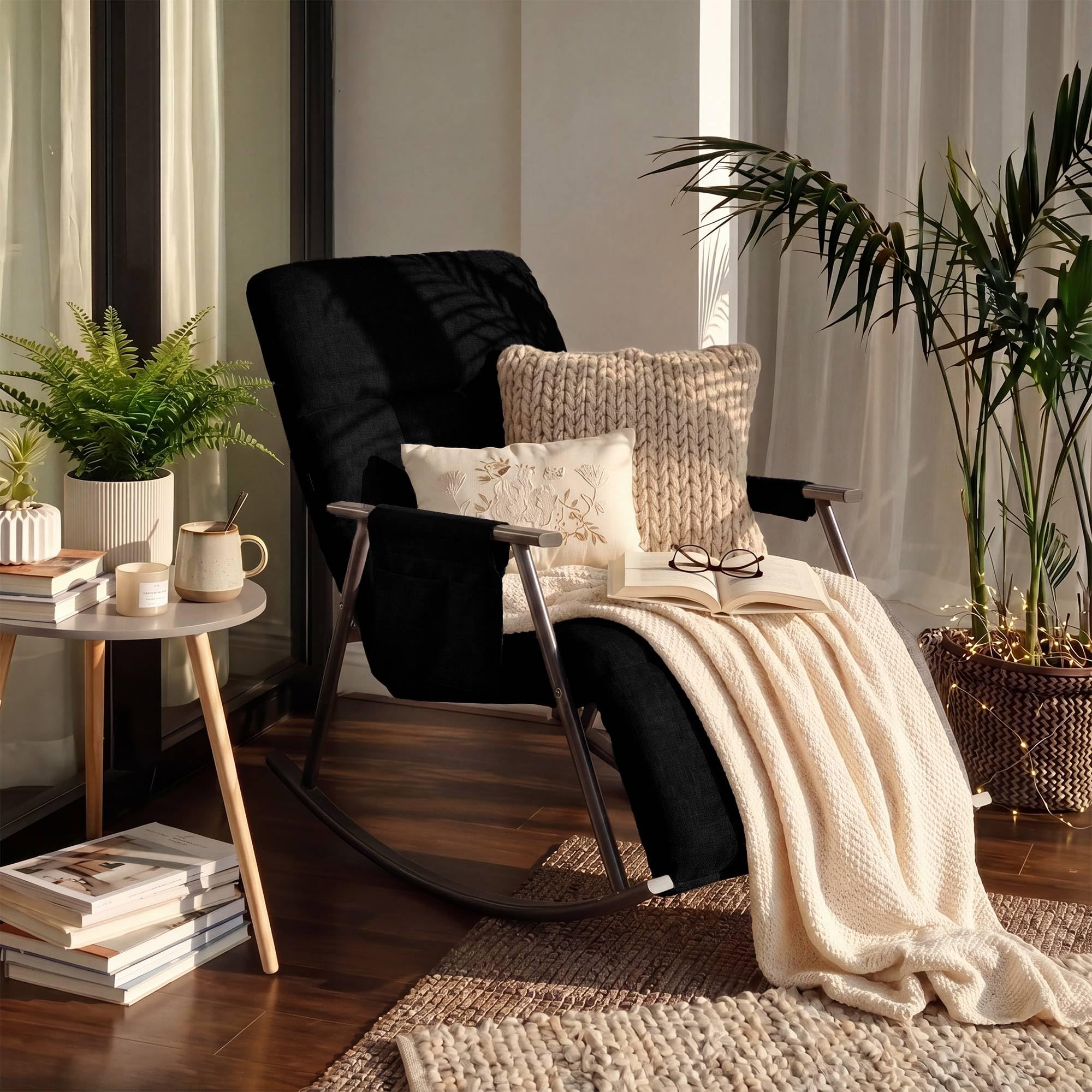 CLP Sillon mecedor Acolchado Elara con reposapies, Respaldo reclinable y Bolsillo Lateral, Apto para Lactancia Color:Negro;Material:Tela
