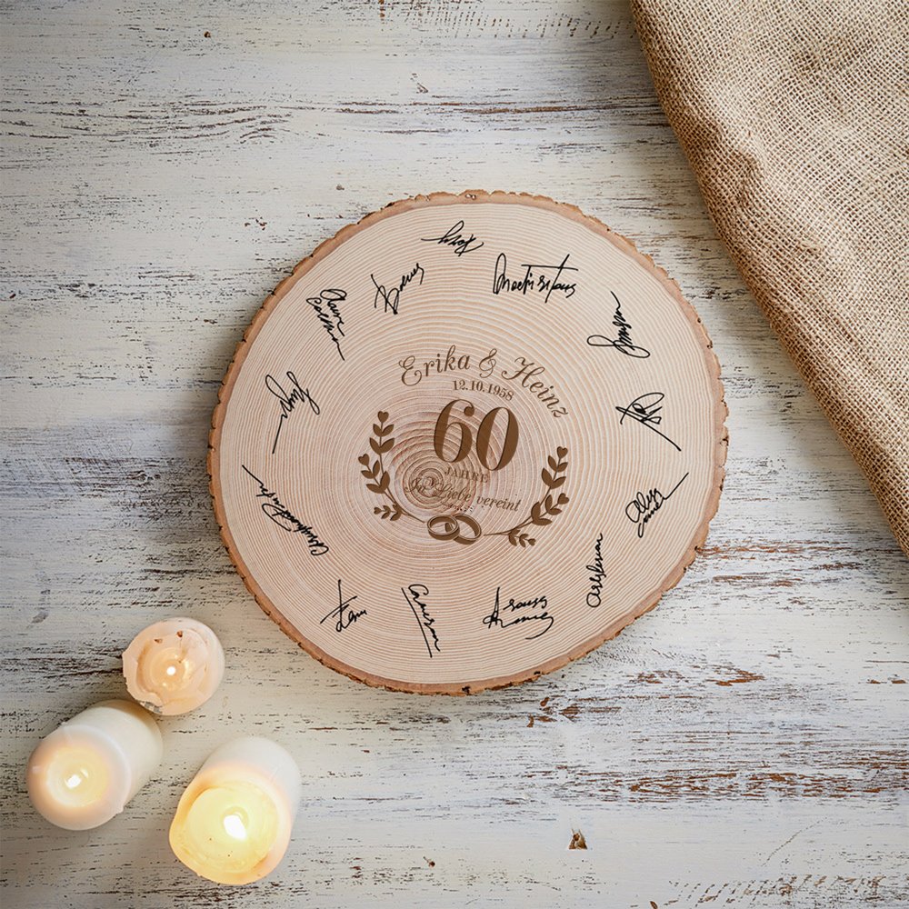 Casa Vivente Große Baumscheibe mit Gravur zur Diamant-Hochzeit Personalisiert mit Namen und Datum, In Liebe Vereint, Wand-Deko, Türschild, Gästebuch, Geschenkidee für Paare zum 60. Hochzeitstag