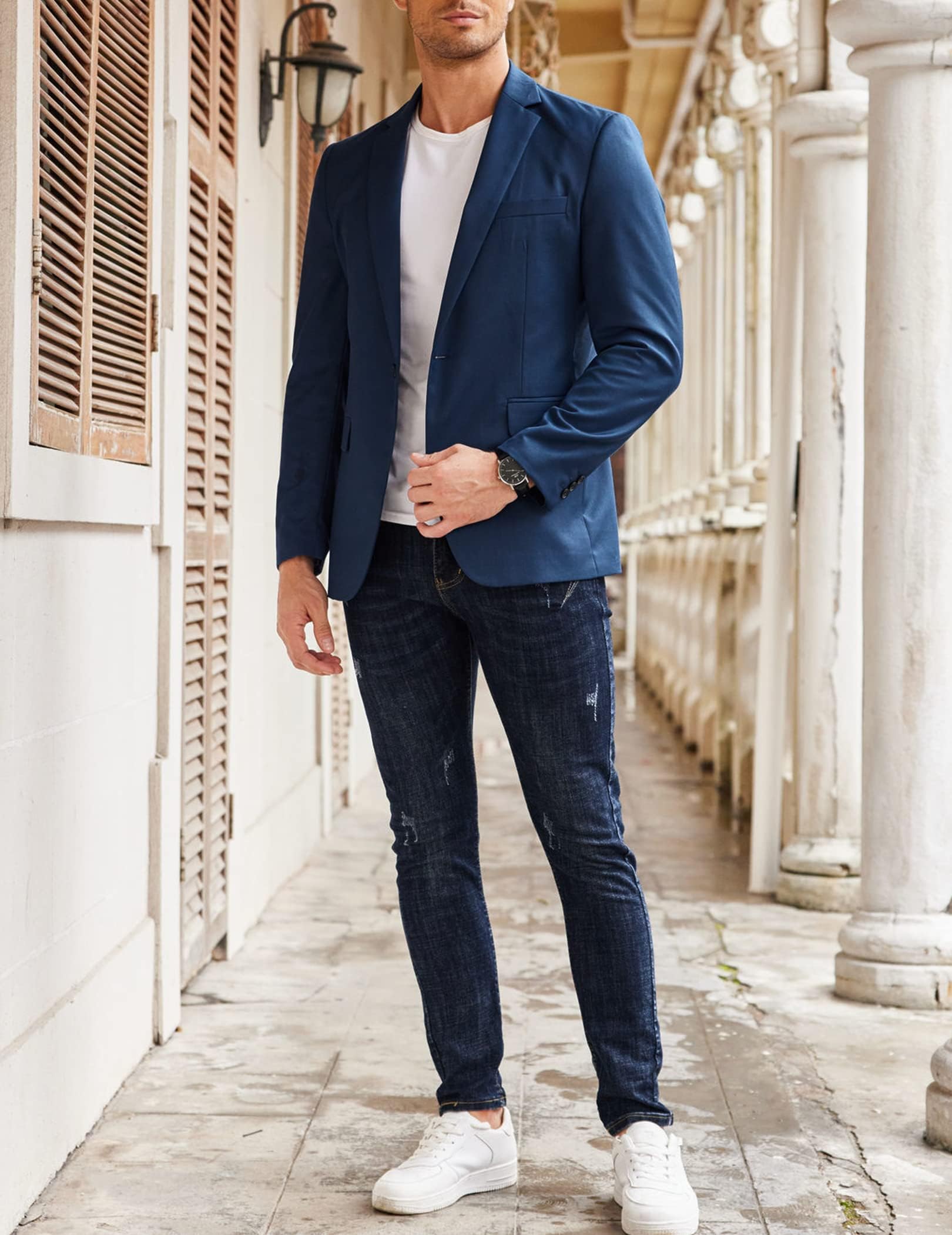 COOFANDY Chaqueta de hombre con estructura deportiva, chaqueta de blazer de ocio, chaqueta de negocios, chaqueta de traje con 1 botón, unicolor, ajuste regular, azul, M
