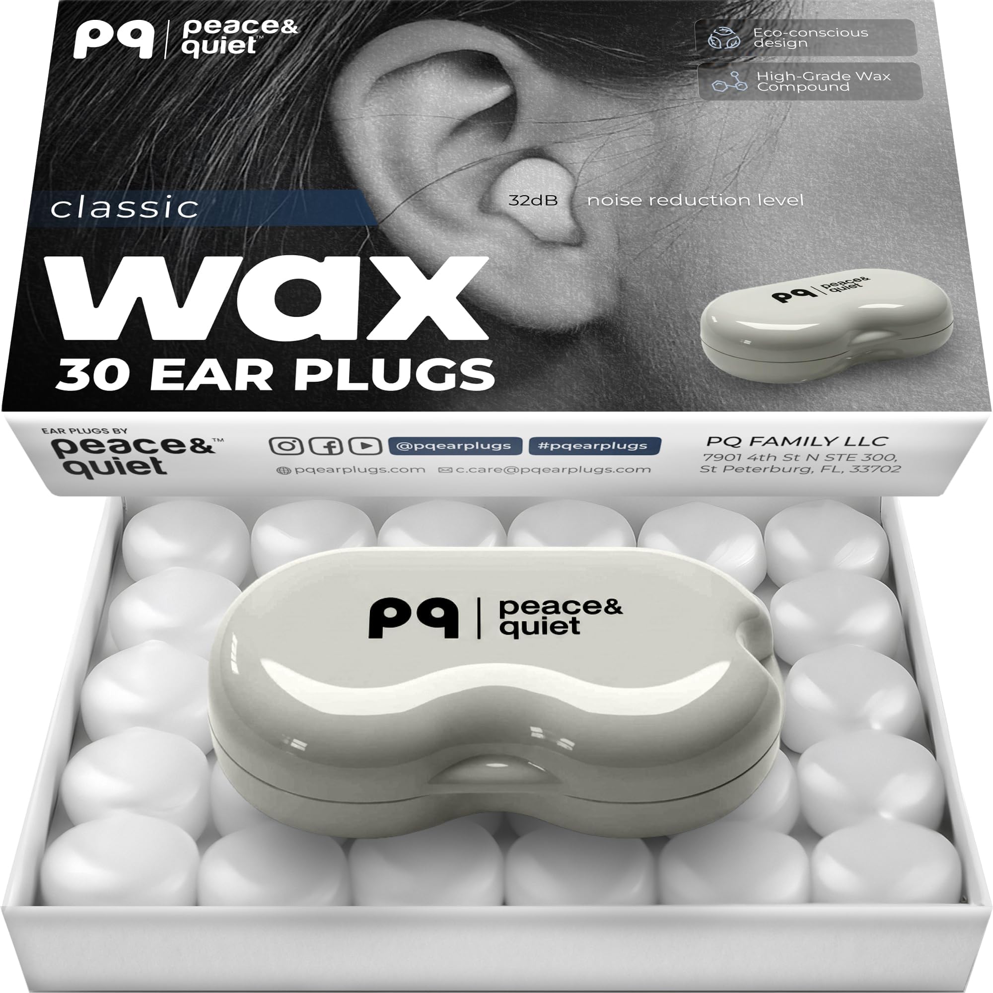 Peace&Quiet PQ Wax Ear Plugs for Sleeping - 30 Silicone Wax Earplugs for Sleeping and Swimming, Gel Ear Plugs for Noise Cancelling, Sound Blocking Level of 32 Db (30 Pillows), Color: White