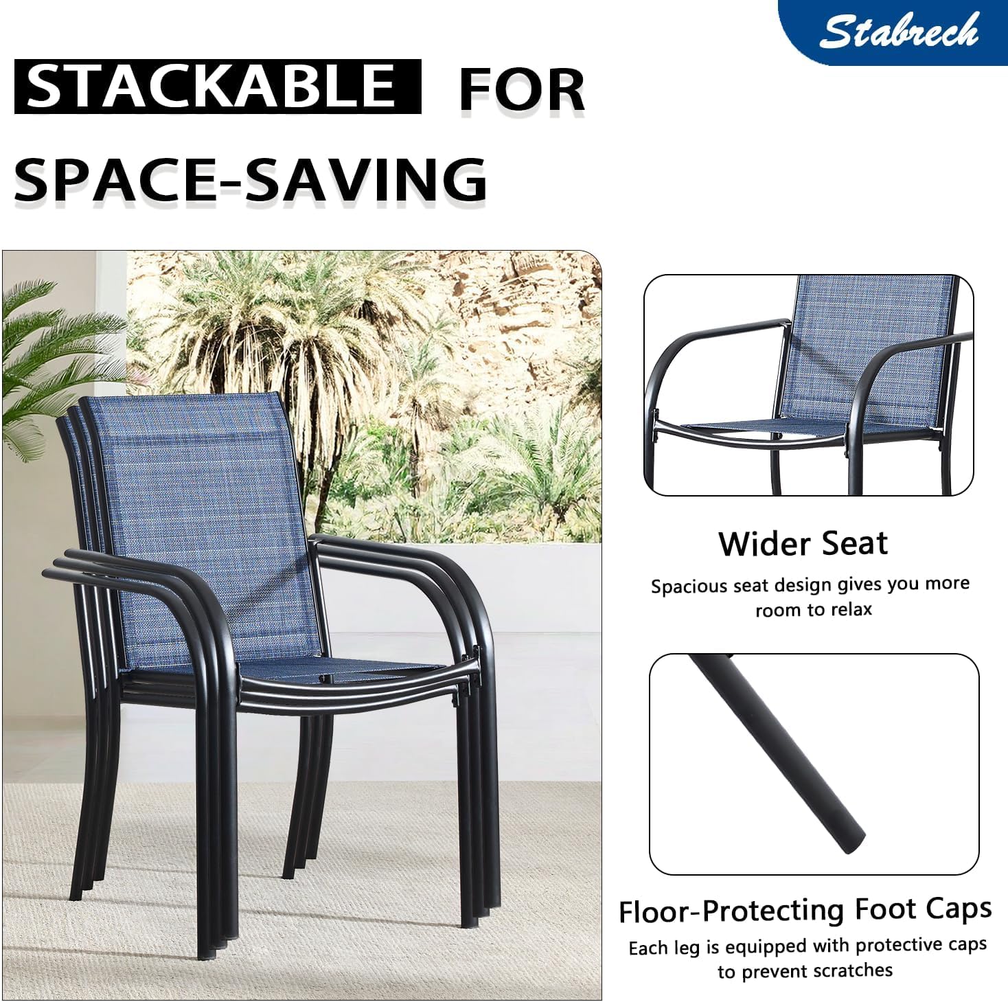 Outdoor Patio Dining Chairs Set of 2, Lightweight Stackable Patio Chairs with Curved Armrests & Wide Seat, Heavy Duty 300 lbs Capacity, Garden Chairs for Backyard, Deck, Poolside, Blue