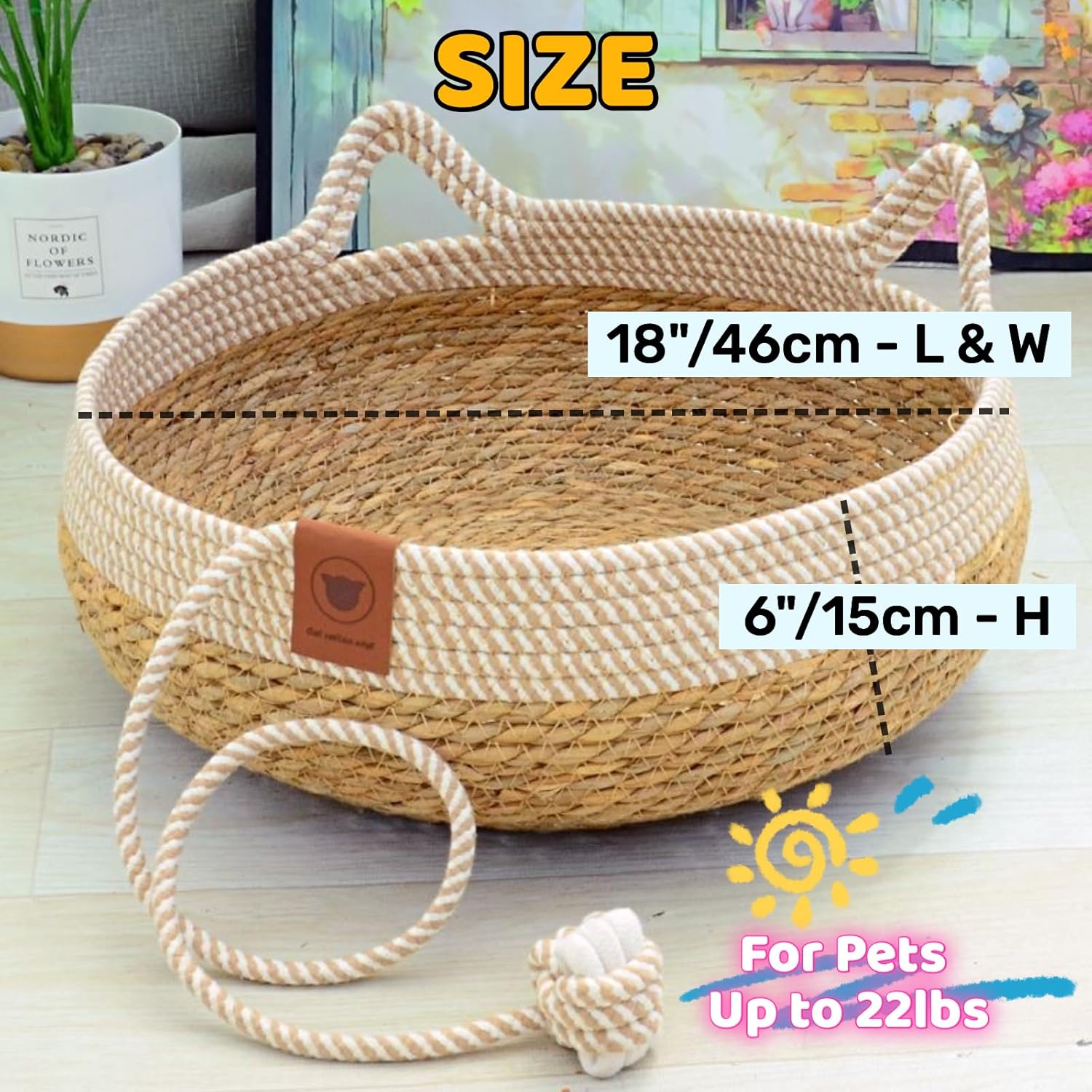 review Ratten Cat Bed Hand-Woven Nest Weaved Pet House with Soft Cushion Hanging Ball Toy (White)