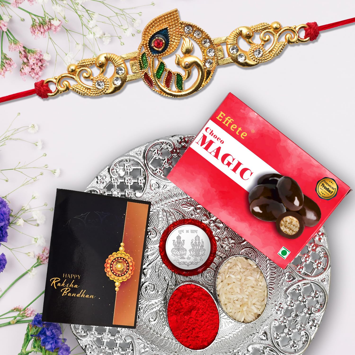 Vacalvers Deodap Multicolor Bracelet/ Rakhi (K1_535_Cm32+Ds) & Effete Chocolate Almonds With Silver Color Pooja Coin, Roli Chawal & Greeting Card, Card And Chocolate, Set Of 1 Rakhi, 0.25 Kg (B09BFRGZW8) Amazon Price History, Amazon Price Tracker
