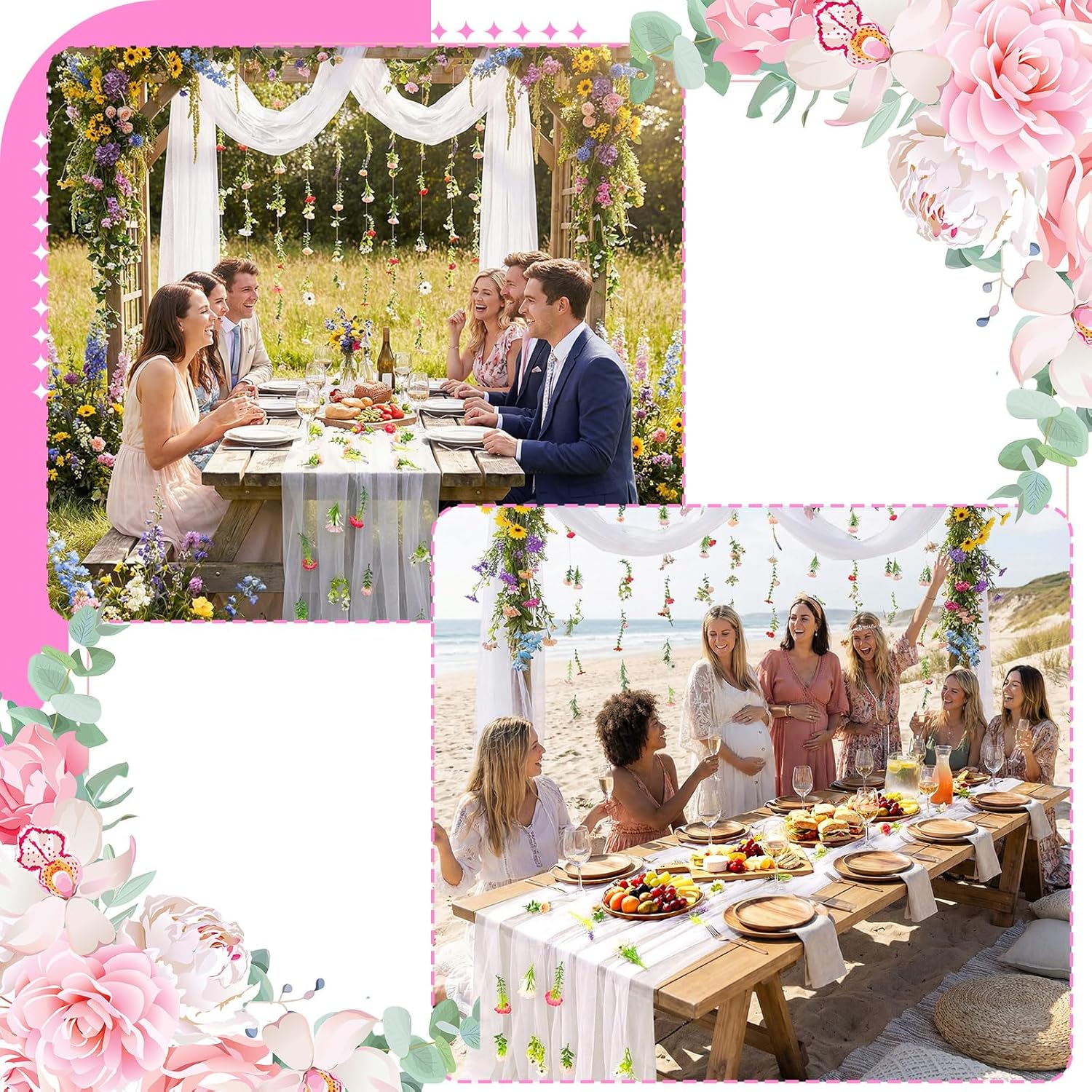 3 Pcs 10 Ft Wedding Tulle Table Runner with 6 Pcs 35.4 Inch Artificial Wildflower Garlands Wildflower Vines Floral Table Runner Garlands for Wedding Bridal Shower Spring Tea Party