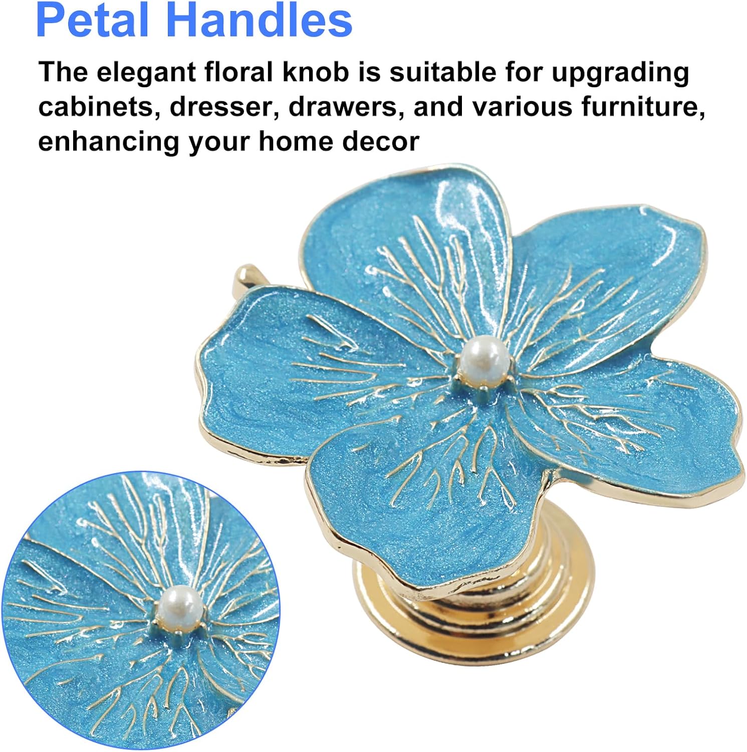 Piutouyar Blue Cabinet Knobs, Flower Shape Drawer Knobs, Zinc Alloy Floral Knob Decorative Pulls Handles for Kitchen, Dresser, Closet, Wardrobe, Cabinet Handles Furniture Hardware