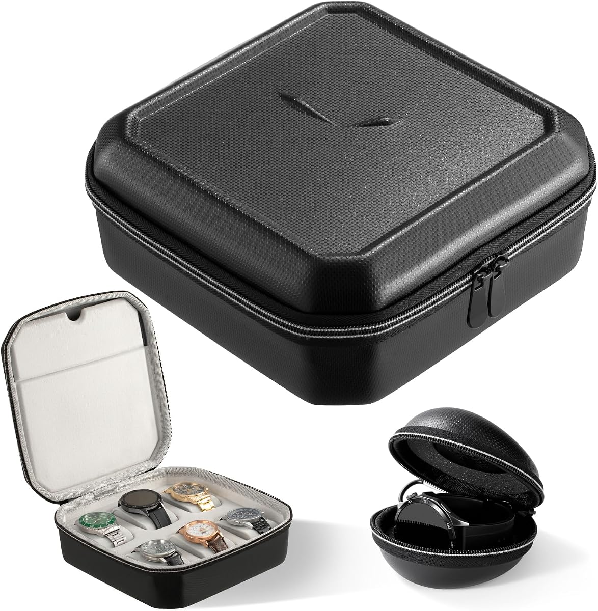 Watch Travel Case, Storage Watch Box for Men (6 Slots + Single) | 6 Slots Watch Cases, Single Watch Case, EVA Hard Shell, Zippered Organizer, Suitable for Wristwatches and Smart Watches