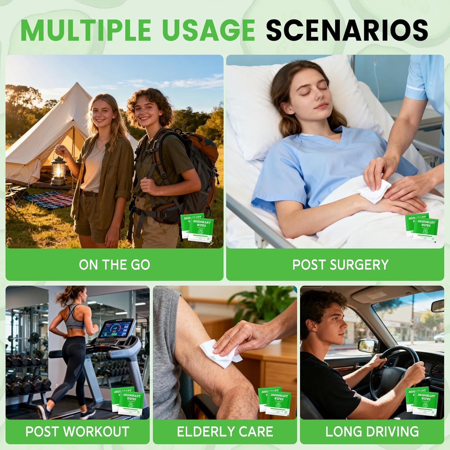 Travel Size Deodorant Body Wipes Bulk, Individually Wrapped Disposable No Rinse Shower Deodorizing Wipe, Women Men Adults Underarm Sweat Antiperspirant Bathing Wipes for Gym Homeless Green (100 Pcs) - Image 6