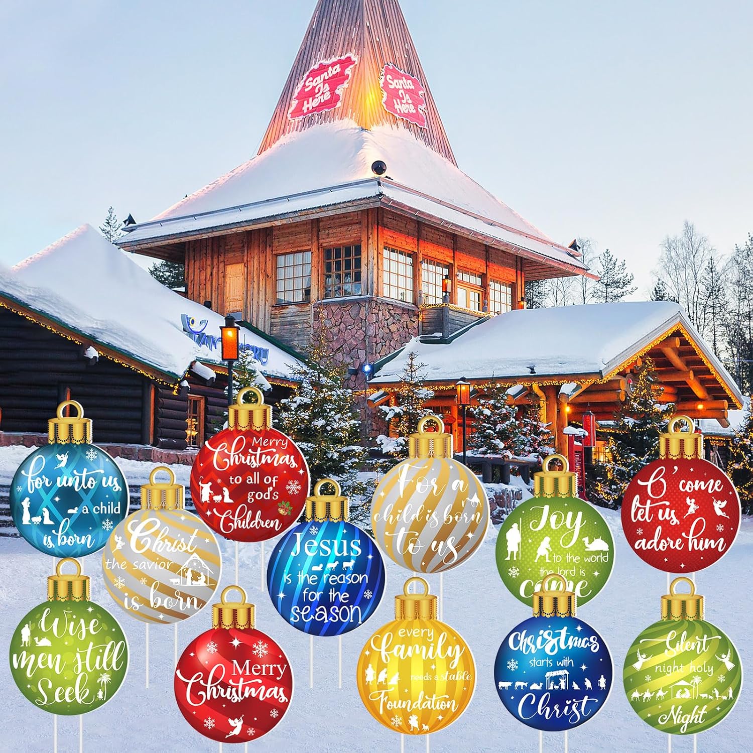 Suzile 12 Pcs Christmas Nativity Ornaments Outdoor Christmas Ball Yard Signs 12 Inch Jesus Is the Reason for the Season Yard Sign with Stakes Religious Decoration for Xmas Yard Holiday Lawn Decor
