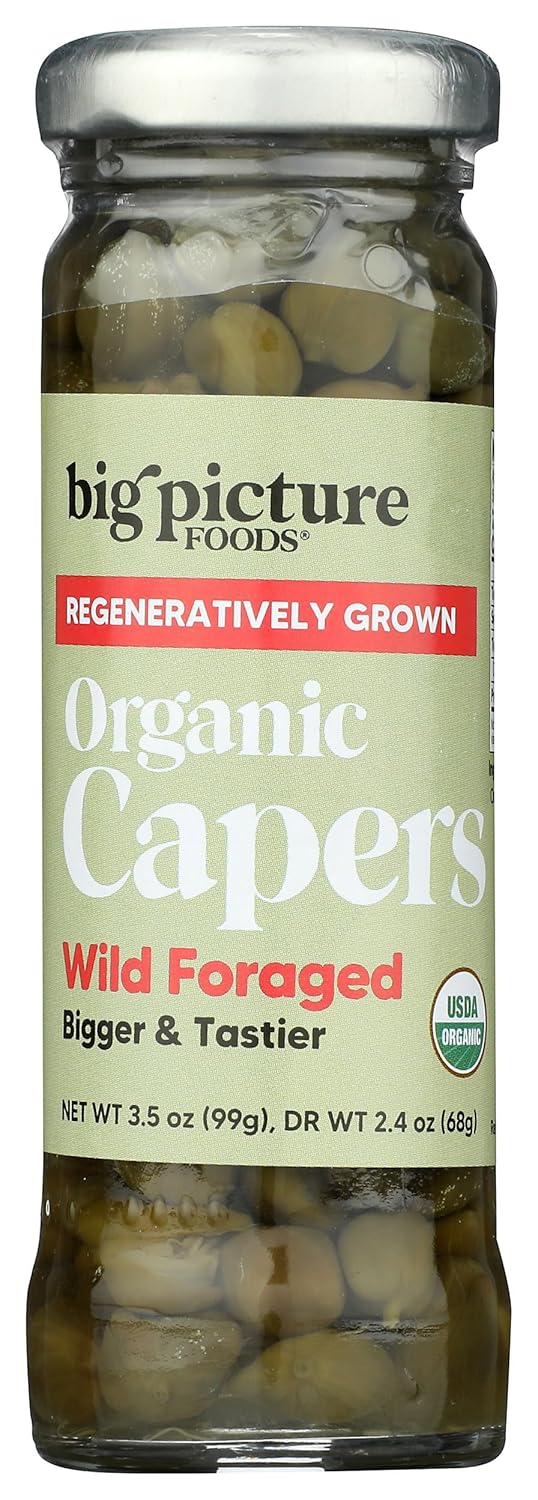 Big Picture Foods Organic Wild Foraged Capers, 3.5 oz - Premium Clean-Ingredient Condiment for Authentic Mediterranean Flavor
