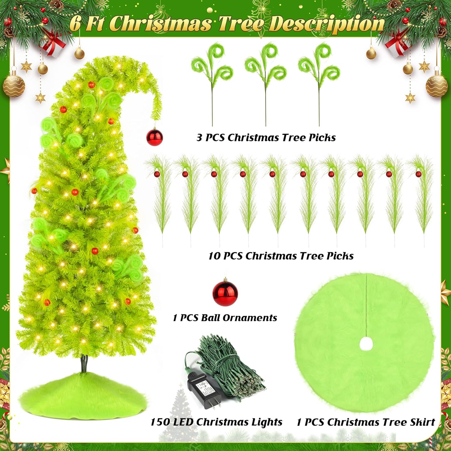 NEWISH Christmas Tree with Lights, 6ft Bendable Lime Green Artificial Christmas Tree Decorations with Stand, Red Ball, Green Tree Skirt, Ornaments, 25 Pcs DIY Xmas Tree for Home Party Decor