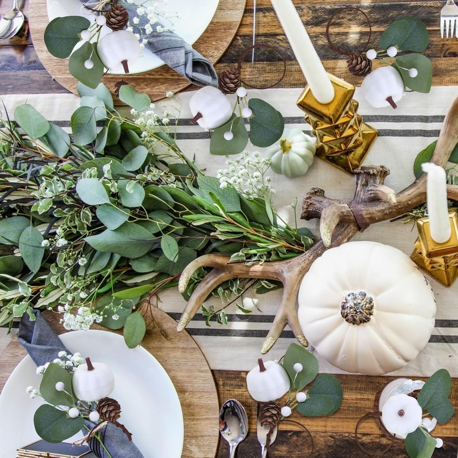 4 Pcs Thanksgiving Day Pumpkin Eucalyptus Leaves Napkin Rings White Pumpkin Green Eucalyptus Leaves Pinecone Napkin Holder for Halloween Thanksgiving Party Weddings Dinner Gathering Table Decoration