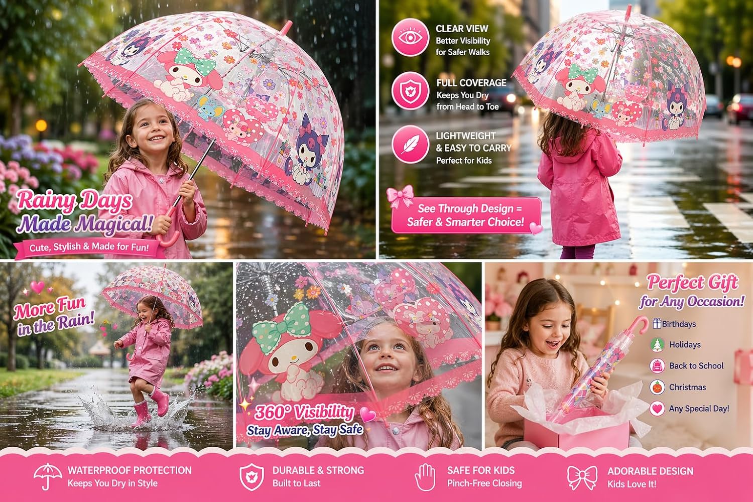 Kawaii Cute Cartoon Transparent Auto Open Stick Umbrella. Round Type Deep Tension Stylish and Very Popular. Best Gift. 8 Bones 21.6" Each is Made of Lightweight, Durable, and Break-Resistant Fiberglass.