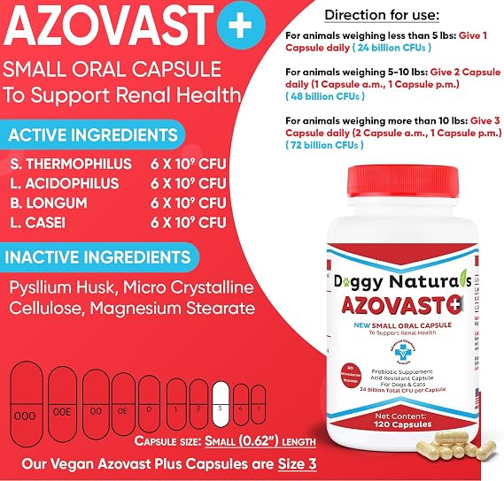 Azovast Plus Kidney Probiotic Supplement for Dogs Cats -24 Billion CFU- NO Refrigeration Required, Help Support Kidney Function, CKD, Manage Renal Toxins, Renal Kidney Support for Pet(U.S.A)(120 Caps)