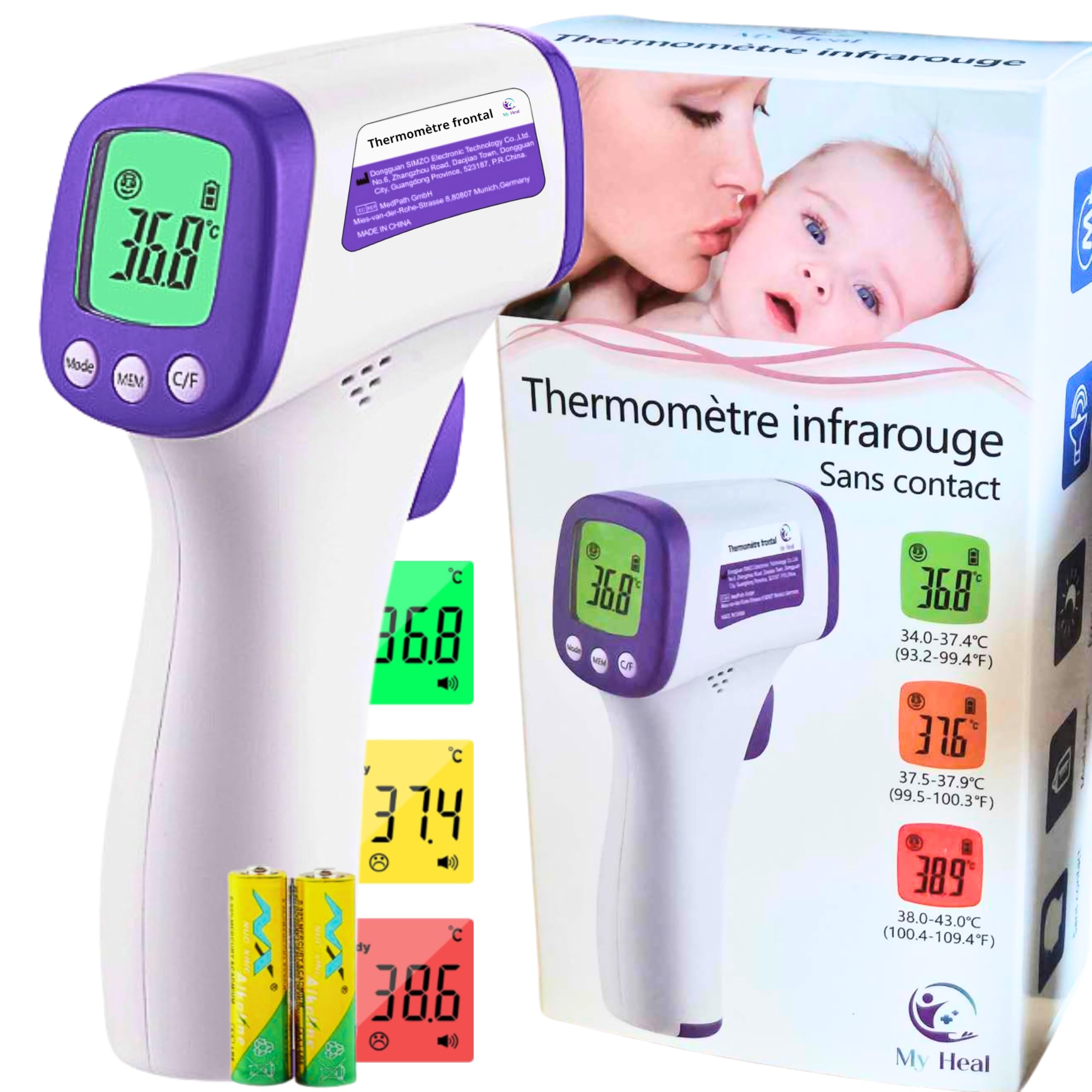 Termometro frontale professionale senza contatto | Termometro medico infrarosso adulto & bambino | Misura superficie & bagno | Modello viola – Batterie gialle incluse