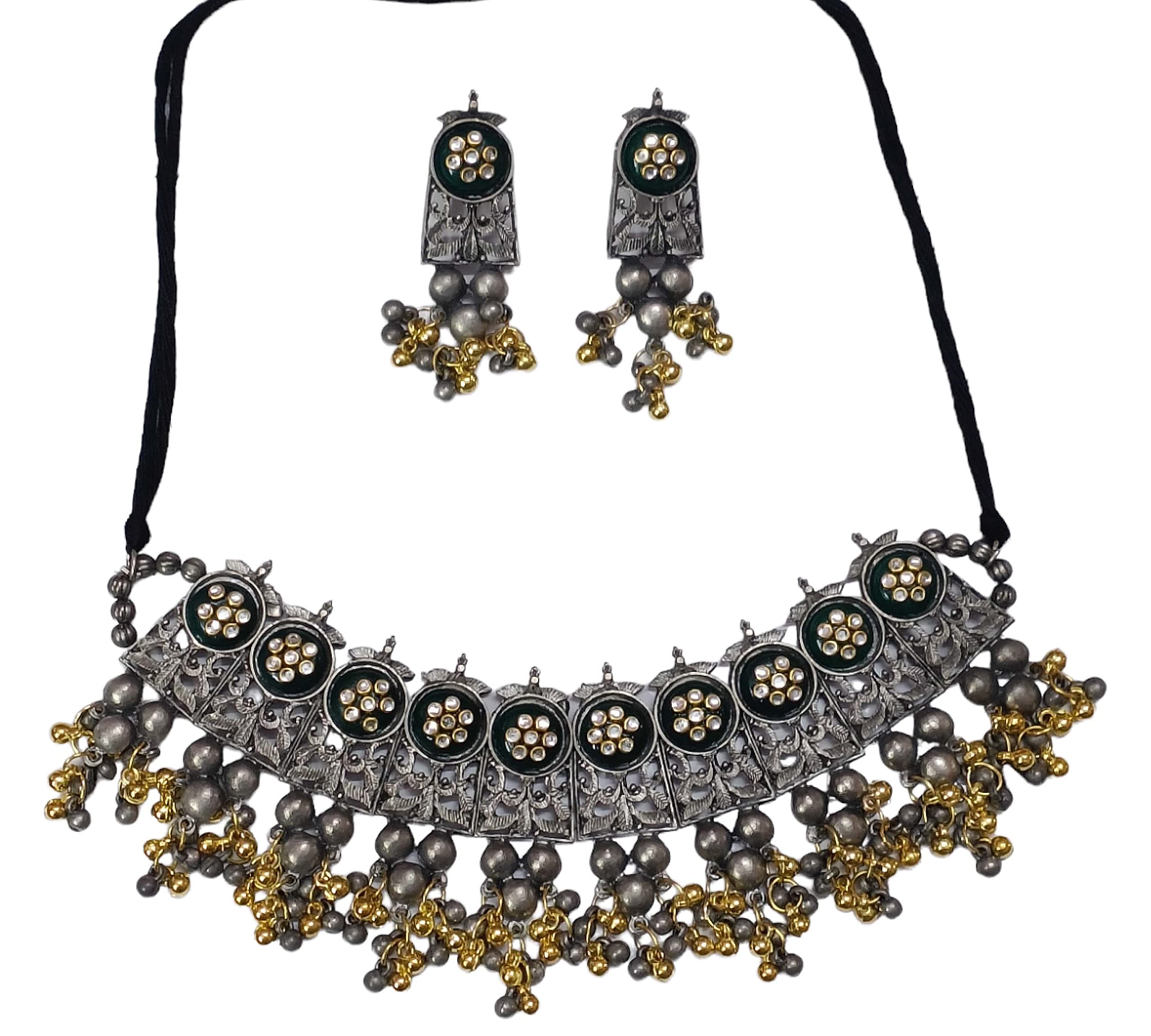 Total Fashion Latest Boho Trible Silver Oxidised Stone Choker Necklace Jewellery Set Women for Girls (B0BNG48ZYD) Amazon Price History, Amazon Price Tracker