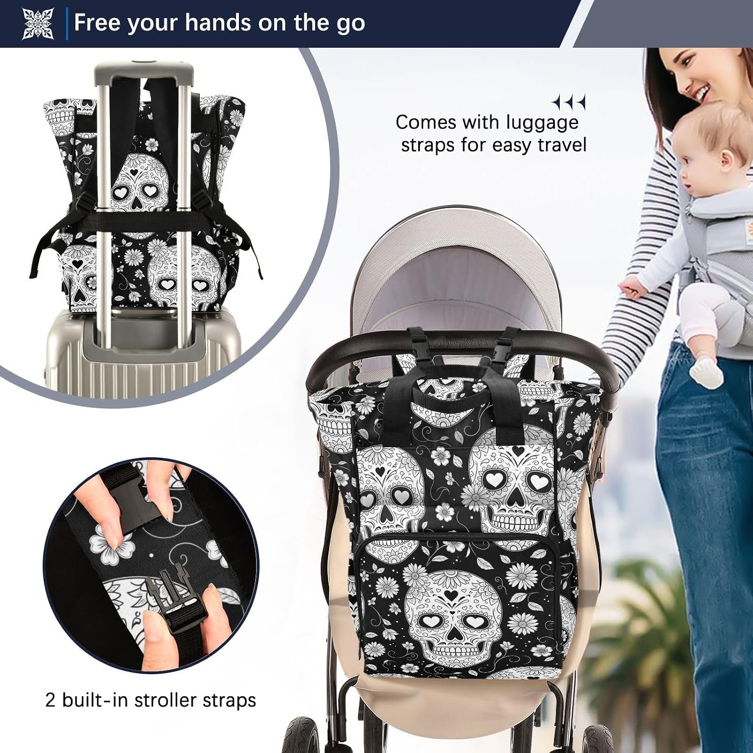Skulls Flowers Black Pattern Diaper Bag Backpack for Baby Boys Girls Multifunction Travel Tote with Stroller Straps & Bottle Storage Maternity Travel Bag for Shopping Hiking Traveling Moms Dads