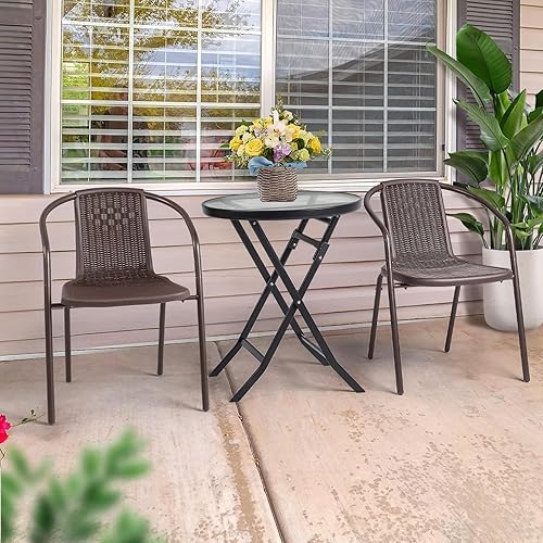 Miniatura 7 de VINGLI Juego de 2 sillas de comedor de ratán para exteriores, sillas de patio apilables de plástico PE duradero con cómodo respaldo curvado y