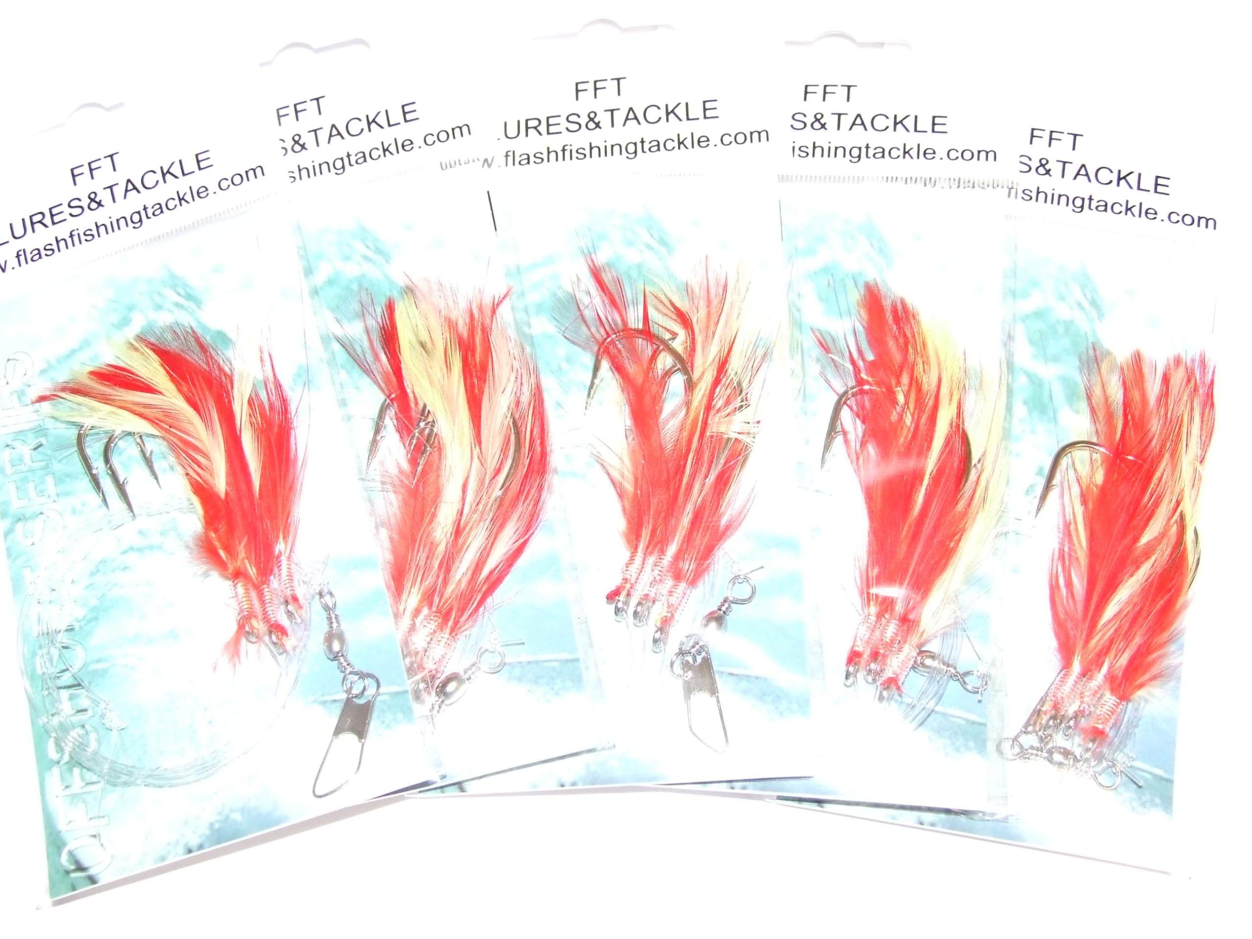 5 Packs Daylight Hokki 3 Hook Size 7/0 Mackerel Cod Feather Rig Fishing Bass Daylite (5 x Feather Rubarb Custard 3 x 7/0 Hooks)