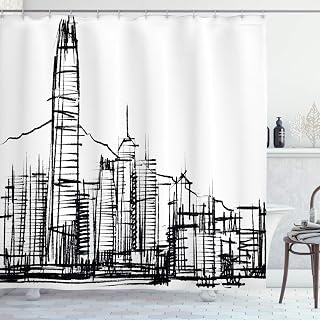 Ambesonne City Shower Curtain, Grunge Sketchy Design Office Building Drawing Hong Kong Architecture Image, Cloth Fabric Bathroom Decor Set with Hooks, 105" Extra Wide, Charcoal Grey White