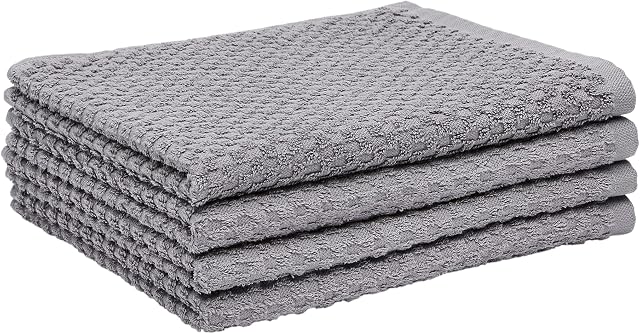 Amazon Basics 100% Cotton Terry Kitchen Tea Towels, Popcorn Texture - Pack of 4, Grey