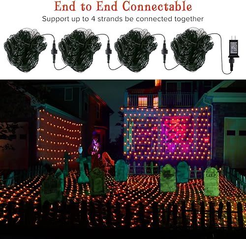 Miniatura 7 de Luces de red, 360 luces LED de 9.8 pies x 6.6 pies, luces de malla naranja para exteriores con 8 modos, temporizador, conectable, impermeable y
