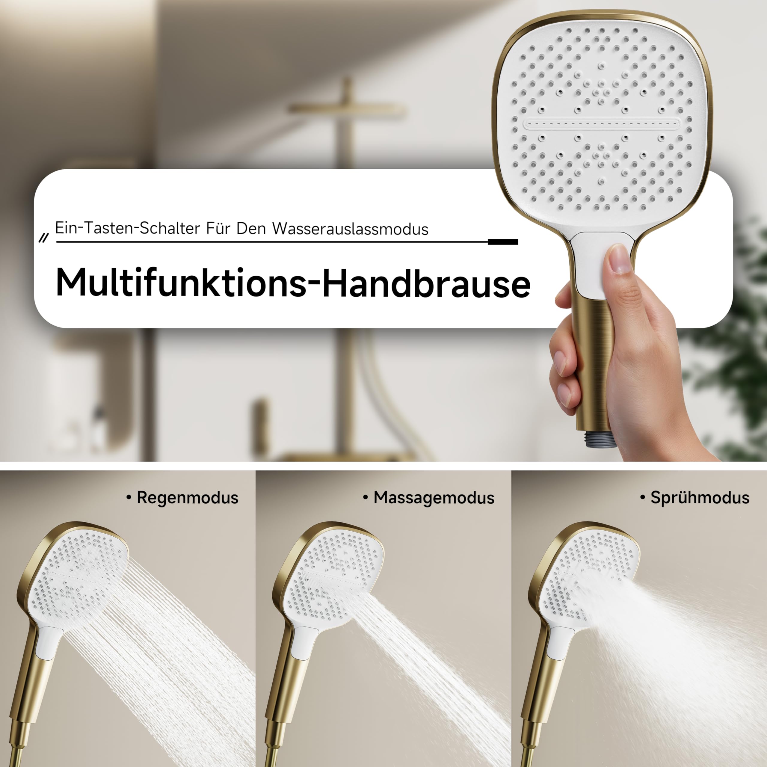 Duschsystem Gebürstetes Gold, 4-Funktionen-Duschset mit Thermostat | Ausgestattet mit einer 350 × 220 mm großen Kopfbrause, einer Handbrause, einer Sprühpistole und einem unteren Wasserauslass