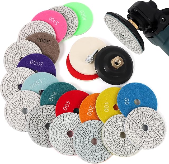 14PACK Diamond Polishing Pads with M14 Backer Pad, 100mm Wet Dry Stone Granite Tile Polish Pad Kit for Drill, Grinder, Polisher, 50-8000 Grit Sanding Pads for Concrete Marble Countertop Quartz