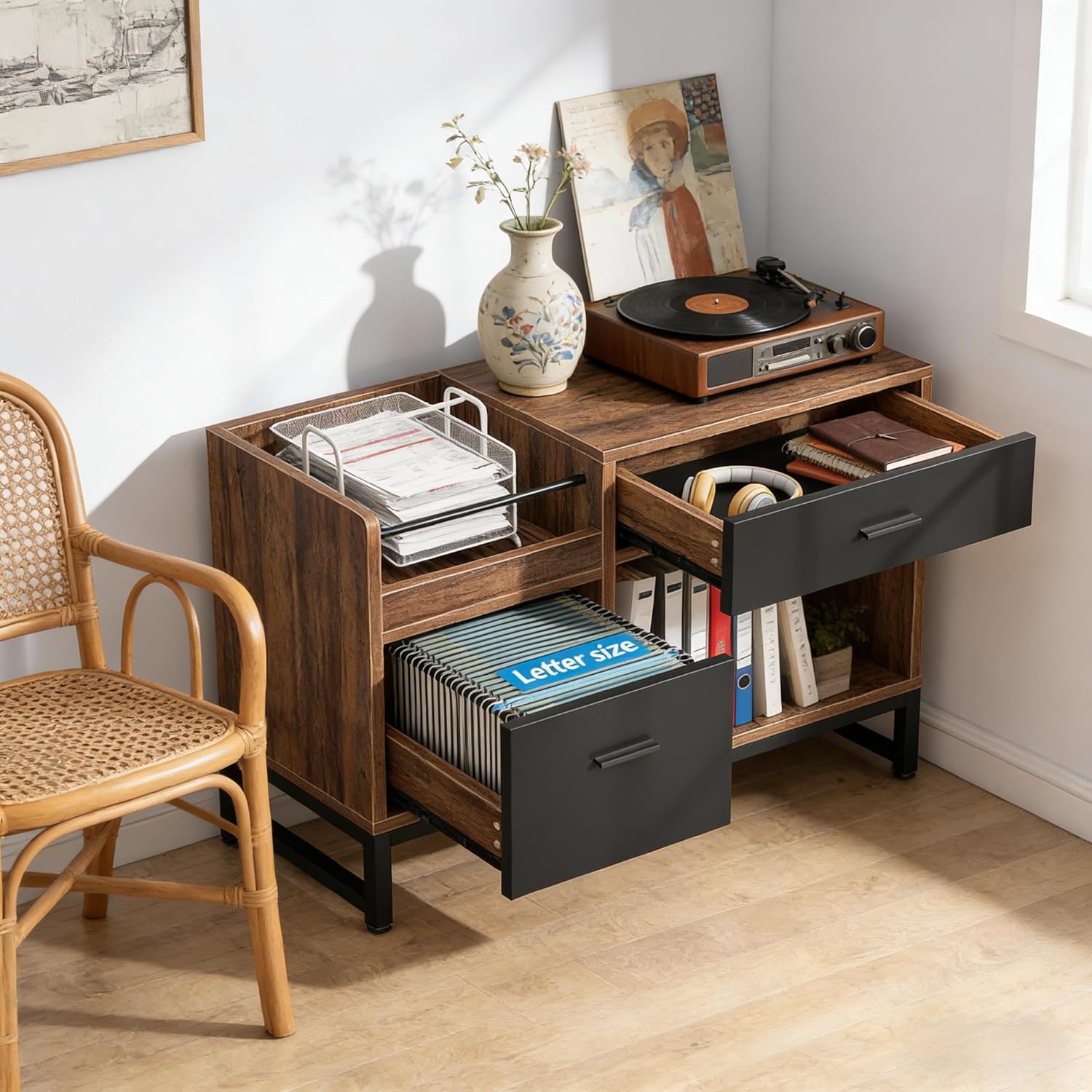 39" Durable Office Storage Cabinet, Lateral File with Large Compartments, File Chest with Lock for Workspace, Black+Brown