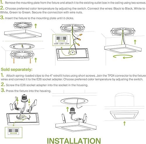 Miniatura 7 de ASD Luz LED de montaje empotrado cuadrada de 5 pulgadas, 10 W, 740 lúmenes, 3000-5000 K, 120 V, 3CCT, regulable, ultra delgada, con certificación