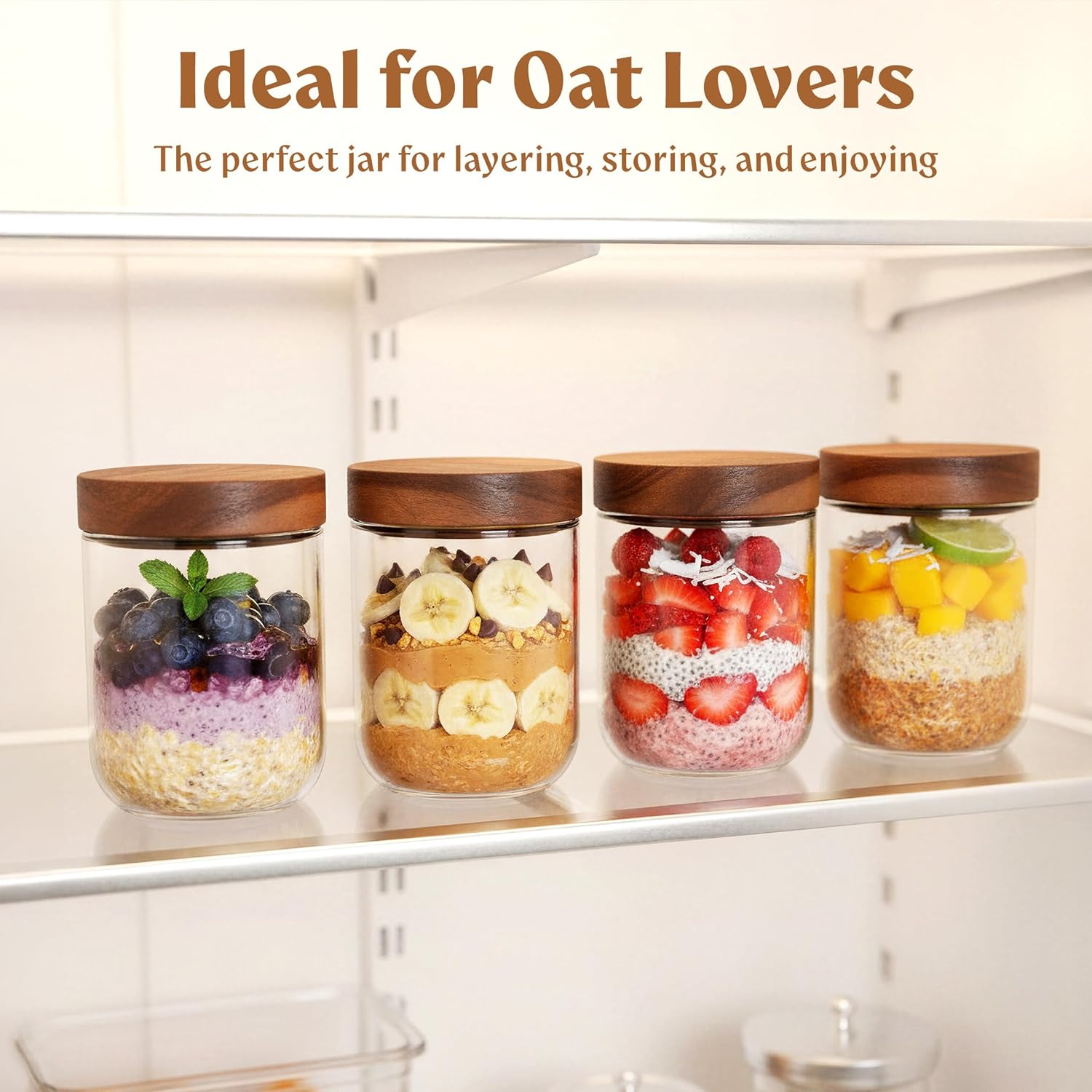 EDELHAUS Overnight Oats Containers with Lids Acacia (4 x 16oz) Glass Jars for Oatmeal, Meal Prep, Food Storage | Leak-Proof Mason Jars for Oats, Cereal, Yogurt, Chia Pudding [Thicker Glass 3mm]