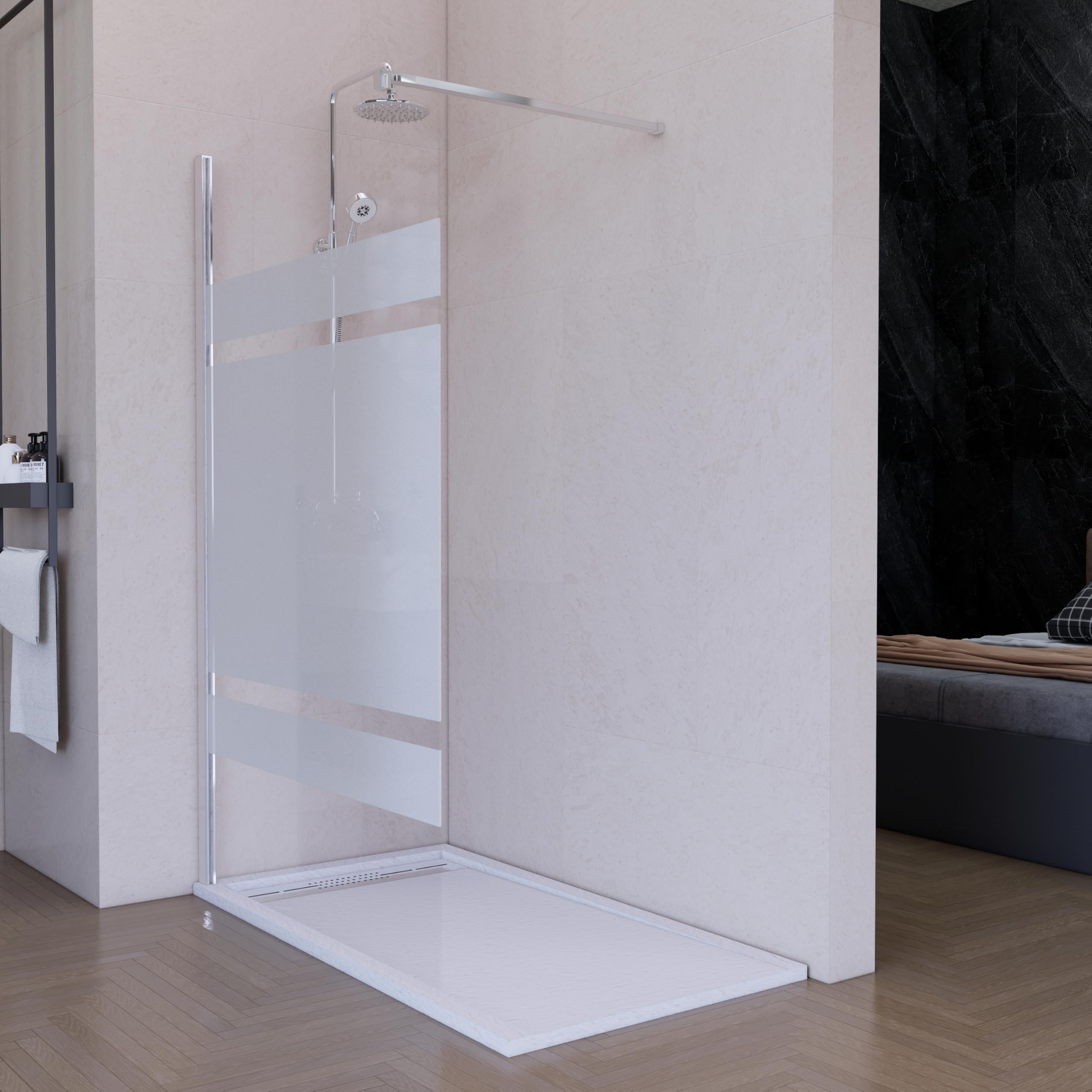 Mampara de Ducha Fija Cromo 90 x 200 cm Vitrificada, Cristal Templado Translucida 8 mm con Antical, Panel Walk In Reversible para Baño Moderno