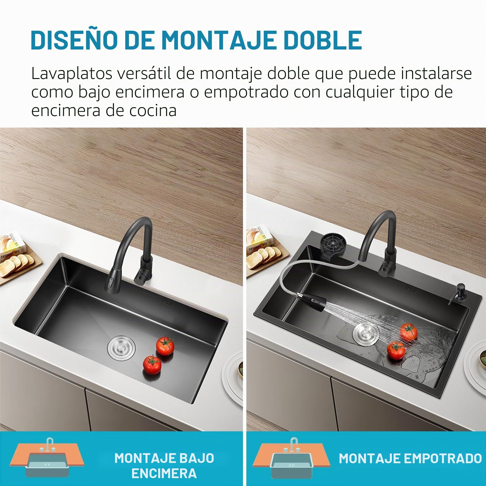 Fregadero de Cocina de Acero Inoxidable 60 cm, Fregadero Empotrado de 3 Agujeros con 1 Cubeta, Set Completo con Grifo Extraíble, Lavavasos y Kit de Desagüe (Gris Oscuro, 60 x 45 cm)
