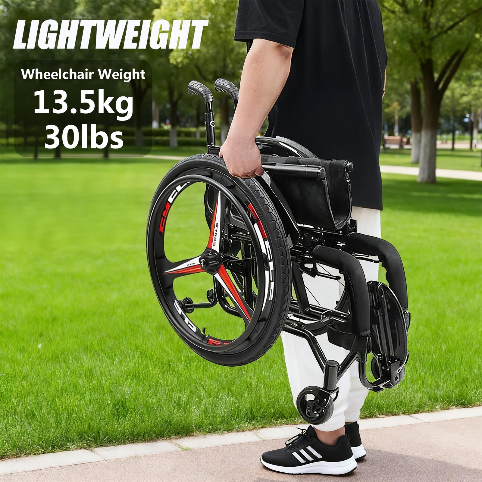 Silla de ruedas deportivas ultra ligera portátil para todo el terreno,Silla de ruedas manual de aleación de aluminio autopropulsada plegable,Sillas de ruedas de transporte con anti-basculante(Size:42c