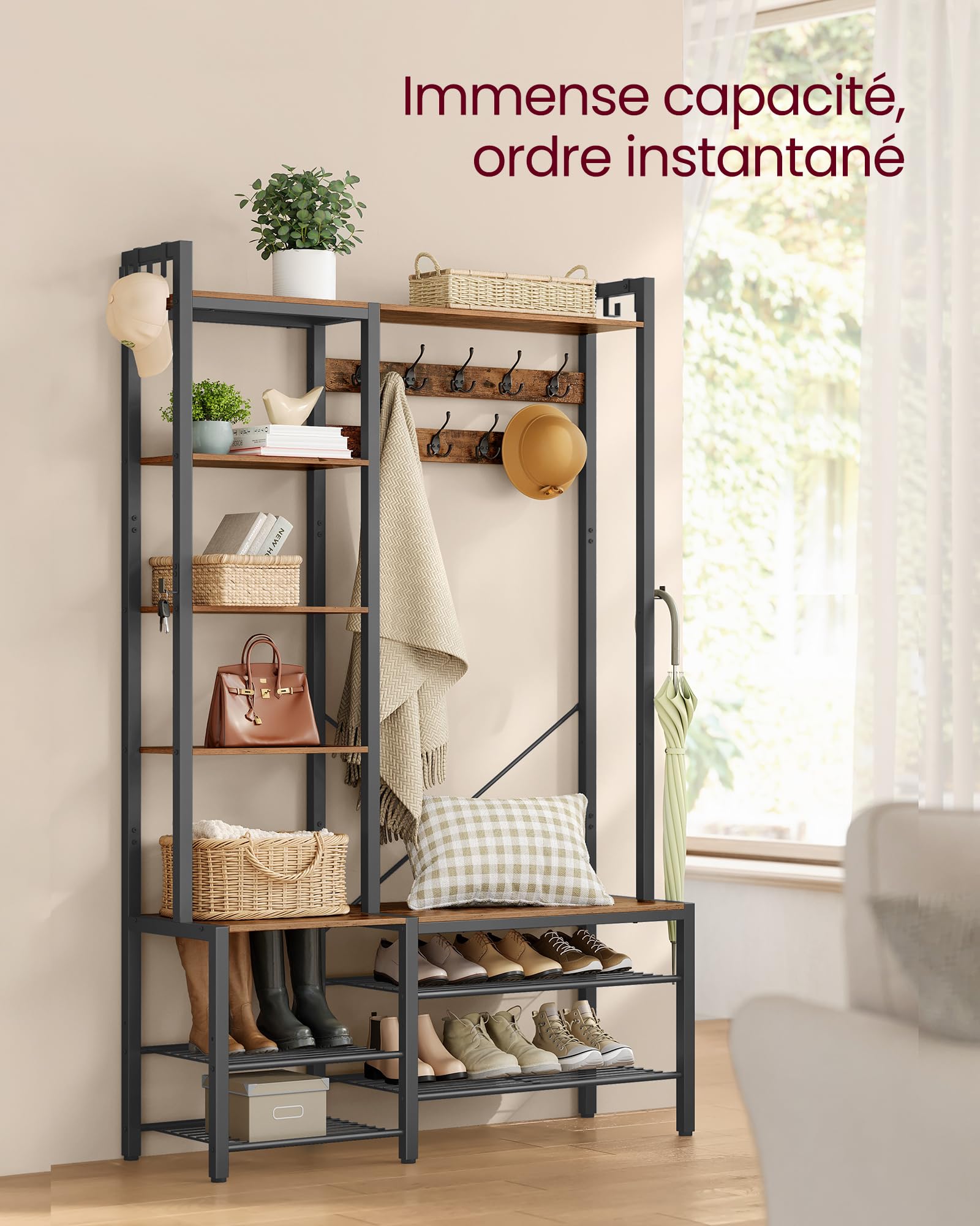 VASAGLE Porte-Manteau, Meuble d’Entrée, avec Porte-Chaussures, 5 Étagères de Rangement, 9 Patères et 6 Crochets Latéraux, 40 x 120 x 190 cm, Marron Rustique et Noir d’Encre HSR426B01